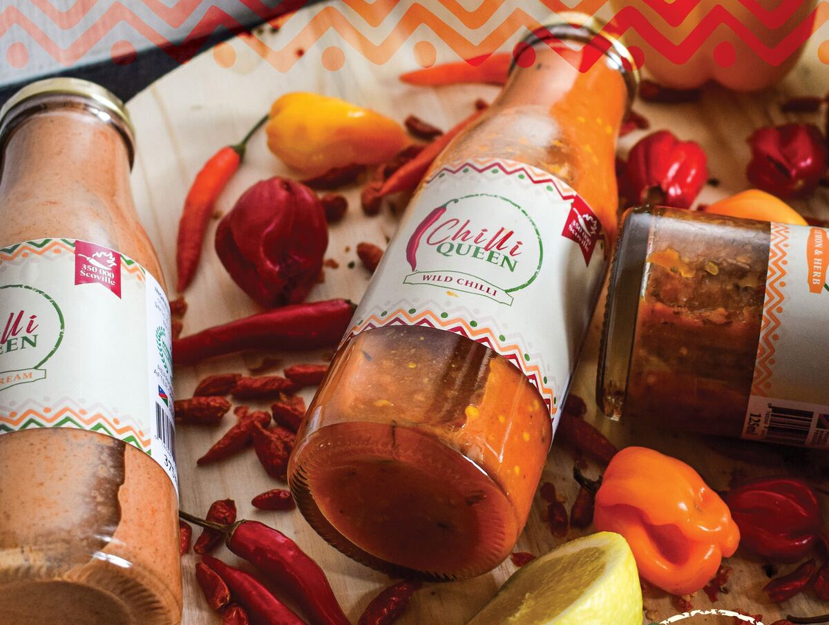 Bottles from the Chilli Queen range of Namibian hot sauces